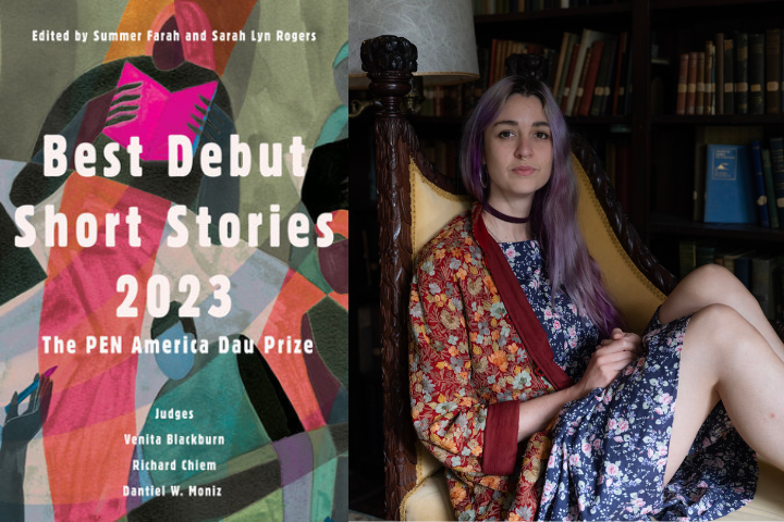 A book cover titled Best Debut Short Stories 2023: The PEN America Dau Prize by Ren Arcamone is shown beside a young woman with long purple hair, wearing a floral dress and patterned shawl, sitting in an ornate chair in a library.