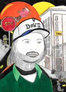 A person in a green tracksuit stands outside a Department of Corrections building. Figures in the background include a Kool-Aid Man and kids with toys.