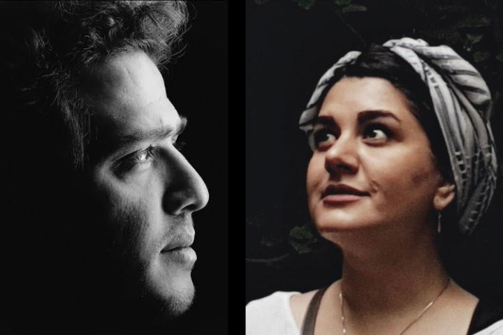 A split-image shows a man in profile on the left, lit dramatically in black and white, and a woman on the right, looking up with a slight smile, wearing a headscarf and earrings, against a dark background.