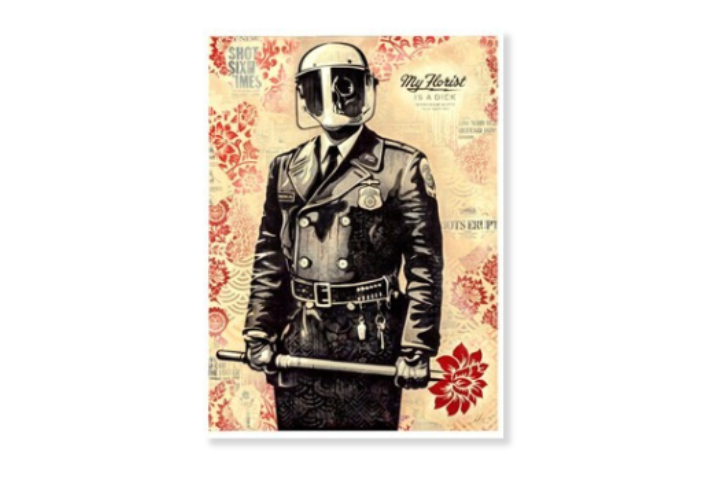 A stylized artwork depicts a police officer in riot gear holding a baton, with a dog’s head instead of a human head. The background features floral patterns and faded text.