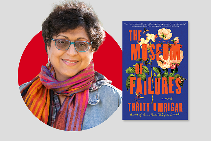A woman wearing glasses, a colorful scarf, and a denim jacket is smiling. Next to her is the book cover for The Museum of Failures by Thrity Umrigar, featuring floral illustrations on a blue background.