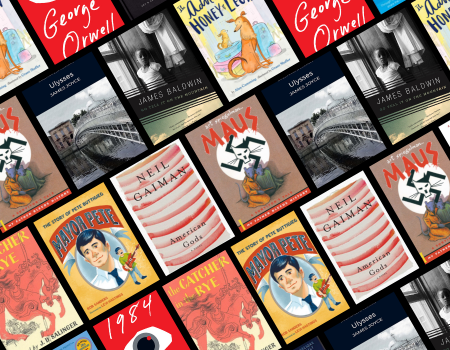 A collage of popular book covers, including 1984, American Gods, Maus, James Baldwin, Major Pettigrew’s Last Stand, Honey for a Child’s Heart, and The Catcher in the Rye.
