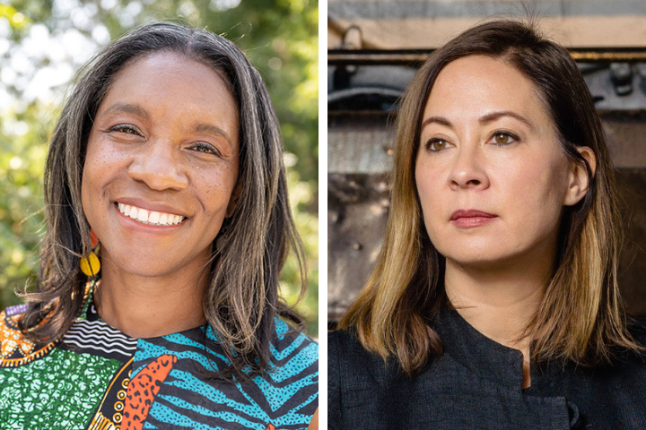 Side-by-side portraits of two women. The woman on the left has long gray hair, dark skin, and is smiling outdoors in colorful clothing. The woman on the right has light skin, straight light brown hair, and is looking serious indoors.
