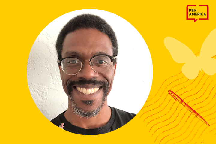 A smiling man with glasses and a short beard is pictured against a white background, framed by a yellow circle. The yellow background features the PEN America logo, a butterfly, and a red pen illustration.