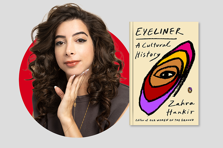 A woman with long curly brown hair and winged eyeliner poses with her hand near her chin next to the book cover of Eyeliner: A Cultural History by Zahra Hankir, featuring an abstract eye design.