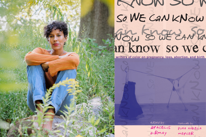 A woman with short curly hair, wearing an orange sweater and blue jeans, sits outdoors with greenery around her. Beside her is a partial book cover titled So We Can Know, featuring abstract text and soft colors.
