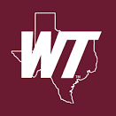 White letters WT are overlaid on a maroon outline of the state of Texas, set against a maroon background.