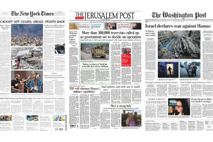 Front pages of The New York Times, The Jerusalem Post, and The Washington Post display headlines and images about the Israel-Hamas conflict, featuring war scenes, rubble, and people affected by the violence.