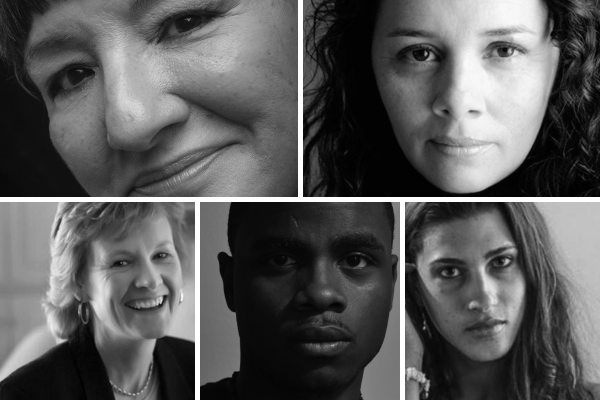 A collage of five black-and-white portraits featuring people of diverse ages and backgrounds, with close-up and mid-shot images highlighting their facial expressions.