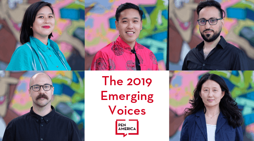 A collage of five diverse people against colorful backgrounds, surrounding the text The 2019 Emerging Voices PEN America in red and white at the center.