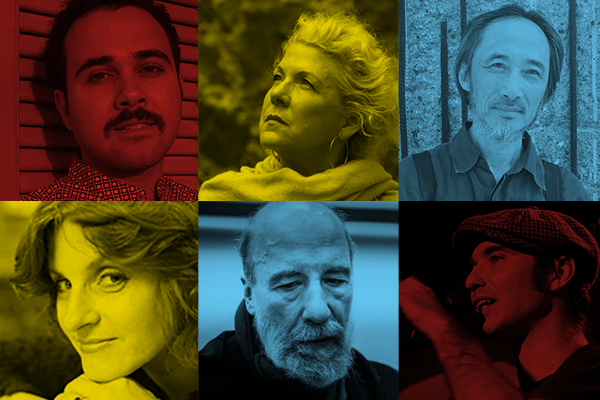 A grid of six portraits features diverse adults, each tinted with a different color overlay—red, yellow, and blue—inspired by the creative spirit of the PEN World Voices Festival. The individuals appear thoughtful or expressive against various backgrounds.