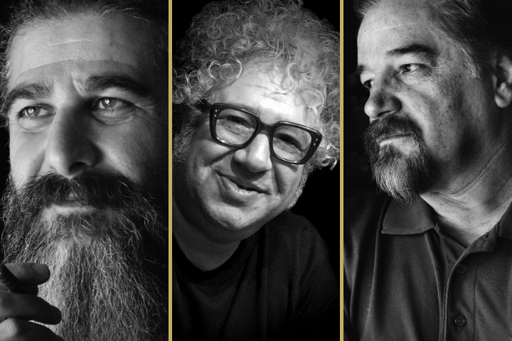 A collage of three black-and-white portraits of middle-aged men with facial hair, featuring a 2021 Freedom to Write Award honoree; the left has a long beard, the center curly hair and glasses, and the right a mustache and goatee.