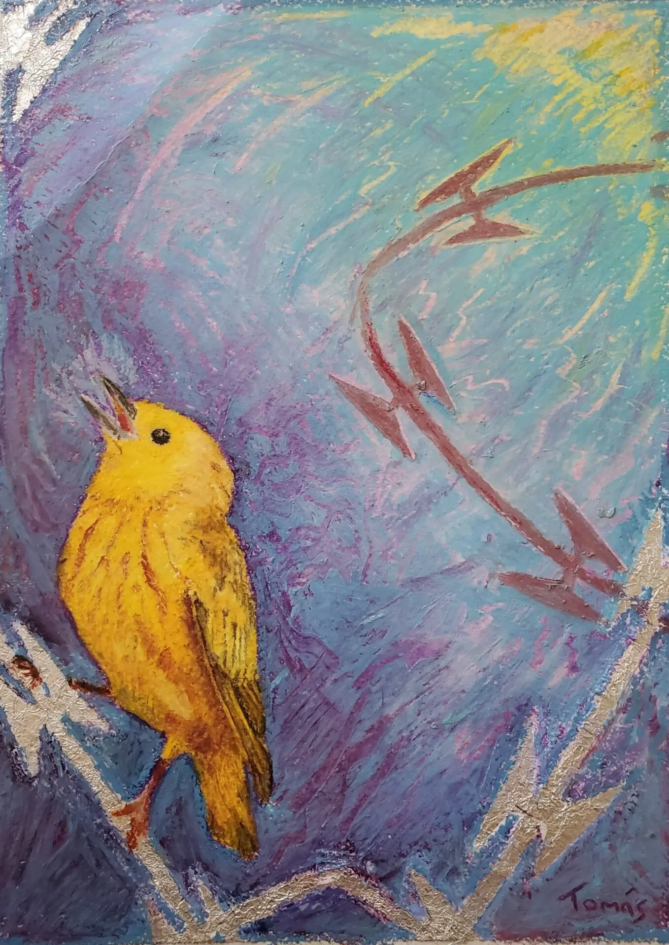 A yellow bird sings while perched on barbed wire against a swirling blue, purple, and turquoise background. The lively scene echoes themes explored by Juan Moreno Haines. The artist’s signature, Tomas, appears in the bottom right corner.