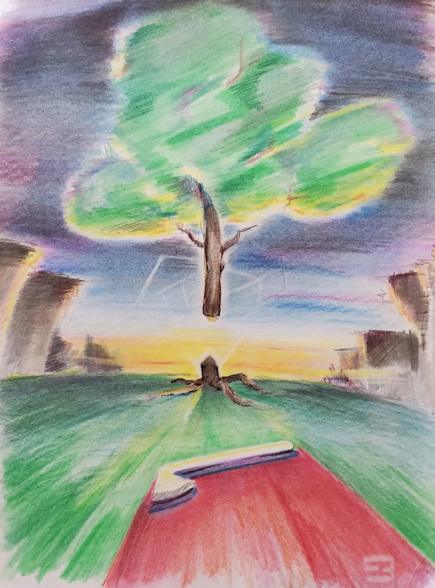 A surreal, colorful drawing by C. Fausto Cabrera shows a tree floating above the ground with a bright, blurred aura. Below, part of the tree’s trunk remains rooted. The scene is set at sunset, with abstract cliffs and a red path in the foreground.