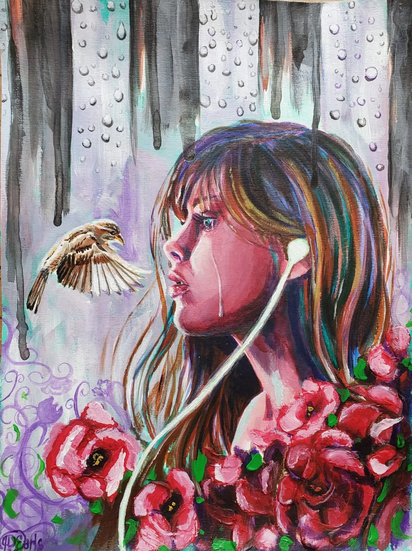 A painted portrait of a young woman with tears on her cheek, wearing earphones, surrounded by red flowers. Rain falls from above, and a small bird—evoking the style of Elizabeth Hawes—flies near her face against dark, purple hues.