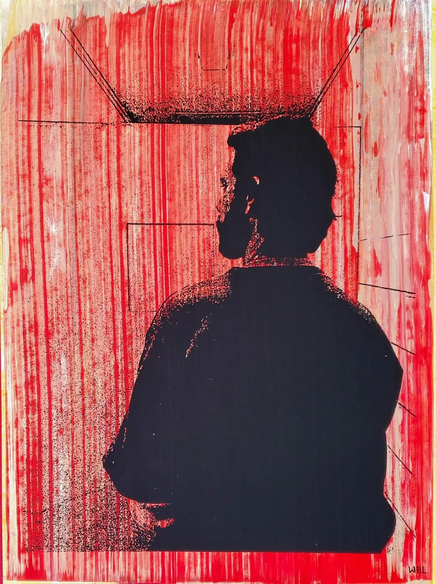 A silhouette of a person facing away, set against a red, abstract background with vertical streaks and black lines suggesting a box or room—evoking the introspective style found in works by Peter M. Dunne. The figure stands with arms crossed.
