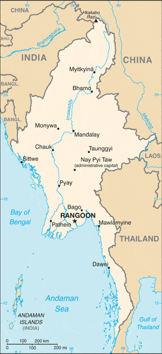 Map of Myanmar showing major cities, rivers, surrounding countries (India, China, Laos, Thailand, Bangladesh), the Bay of Bengal, Andaman Sea, and highlighting the capital Nay Pyi Taw and largest city Yangon (Rangoon).