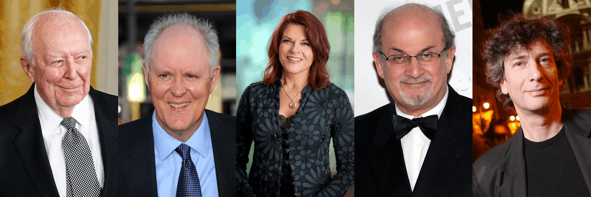 Five people stand side by side, dressed in formal attire and smiling toward the camera against different backgrounds.