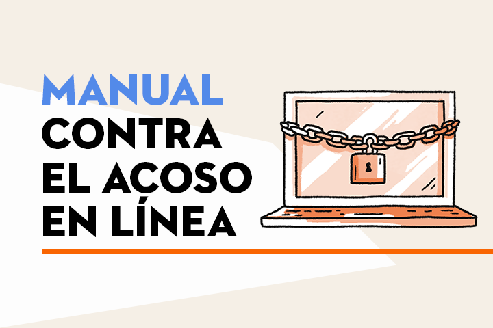Illustration of a laptop secured with a chain and padlock next to the Spanish text Manual contra el acoso en línea on a beige background.