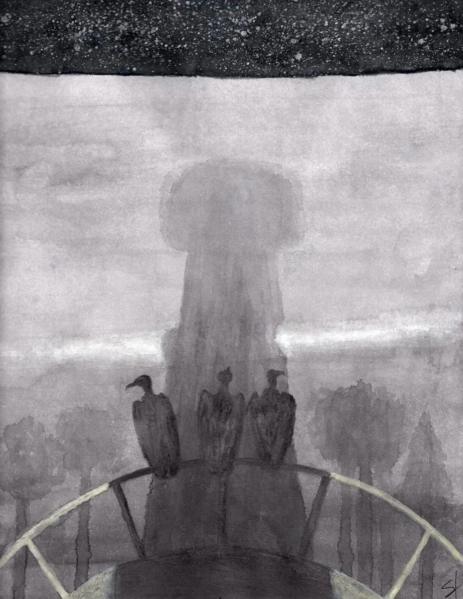 Three vultures perch on a curved metal structure in a misty, grayscale landscape. Blurred trees and a tall, shadowy monument rise in the background beneath a star-speckled, dark sky—a haunting scene by Burl N. Corbett.