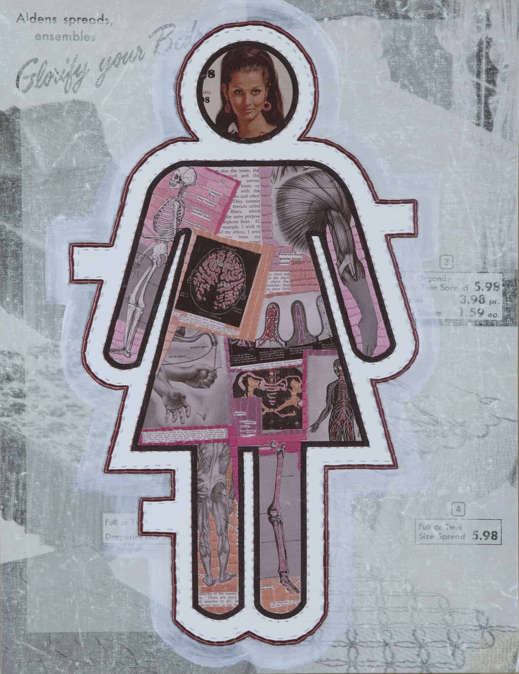 A collage in the shape of a female restroom symbol, filled with vintage anatomical illustrations, medical diagrams, and a womans headshot at the top, set against a textured, pastel background with faint text and price tags visible.
