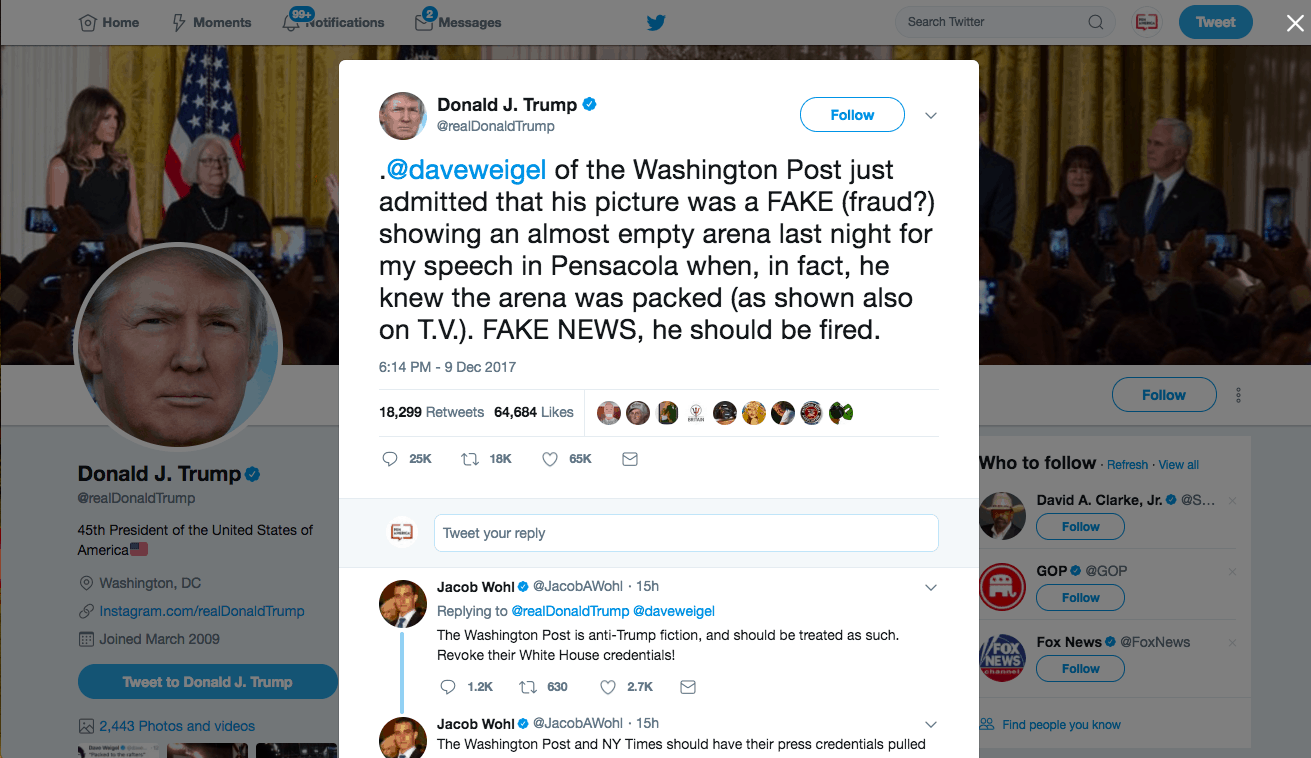 Screenshot of a tweet by Donald J. Trump criticizing Dave Weigel of the Washington Post for allegedly posting a misleading photo of a Pensacola rally, calling it “FAKE NEWS” and suggesting Weigel should be fired.