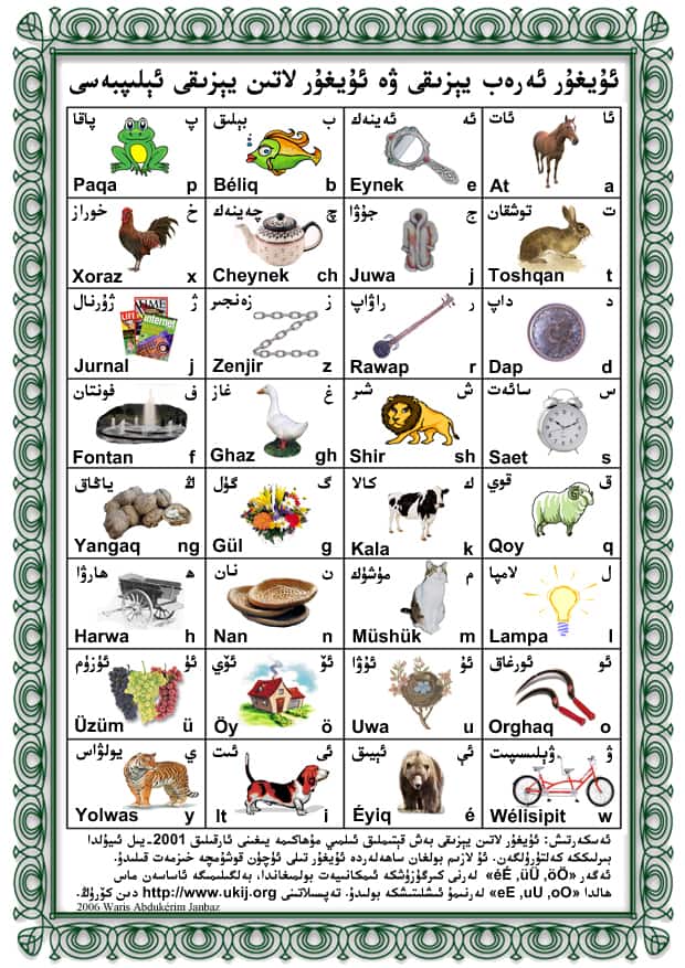 A Uyghur alphabet chart with each letter paired with an illustration and word, such as a frog, ring, car, camel, clock, sheep, and bicycle, displayed in a bordered grid format.