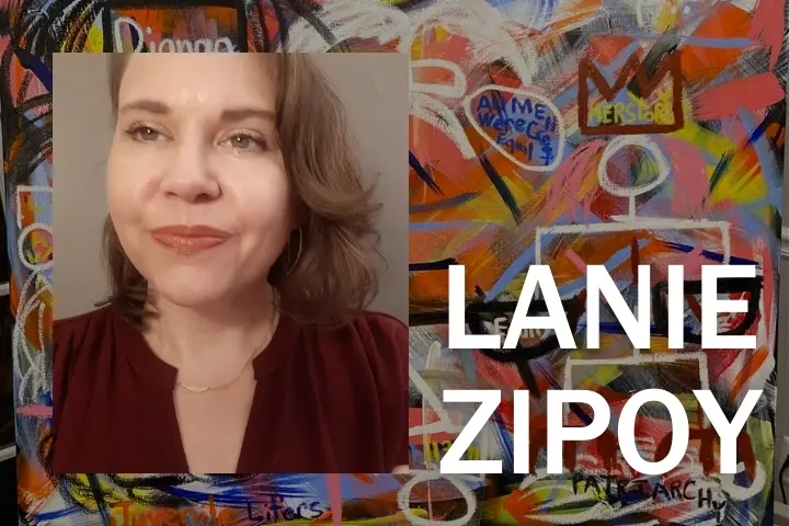 “Break Out” illustration in background; on top, Lanie Zipoy’s headshot and name
