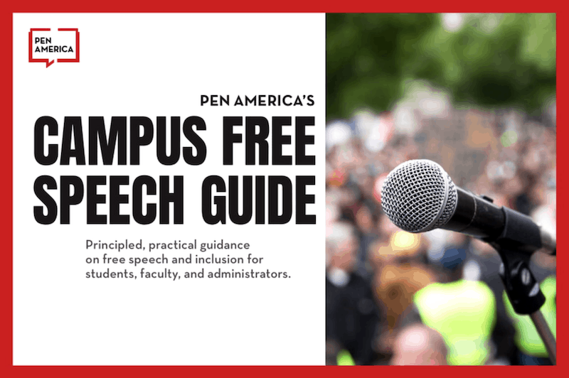 A microphone is shown in focus with a blurred crowd in the background. Text reads: PEN Americas Campus Free Speech Guide. Principled, practical guidance on free speech and inclusion for students, faculty, and administrators.