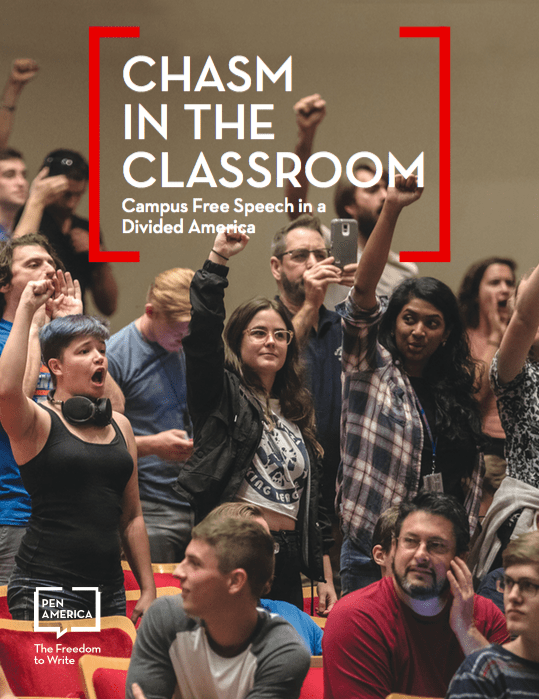 A diverse group of students stand and raise their hands in a lecture hall. The text reads: Chasm in the Classroom: Campus Free Speech in a Divided America. PEN America logo is in the corner.