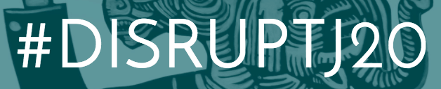White text #DISRUPTJ20 appears in bold across a teal background featuring a faint, abstract illustration of a face or figure.