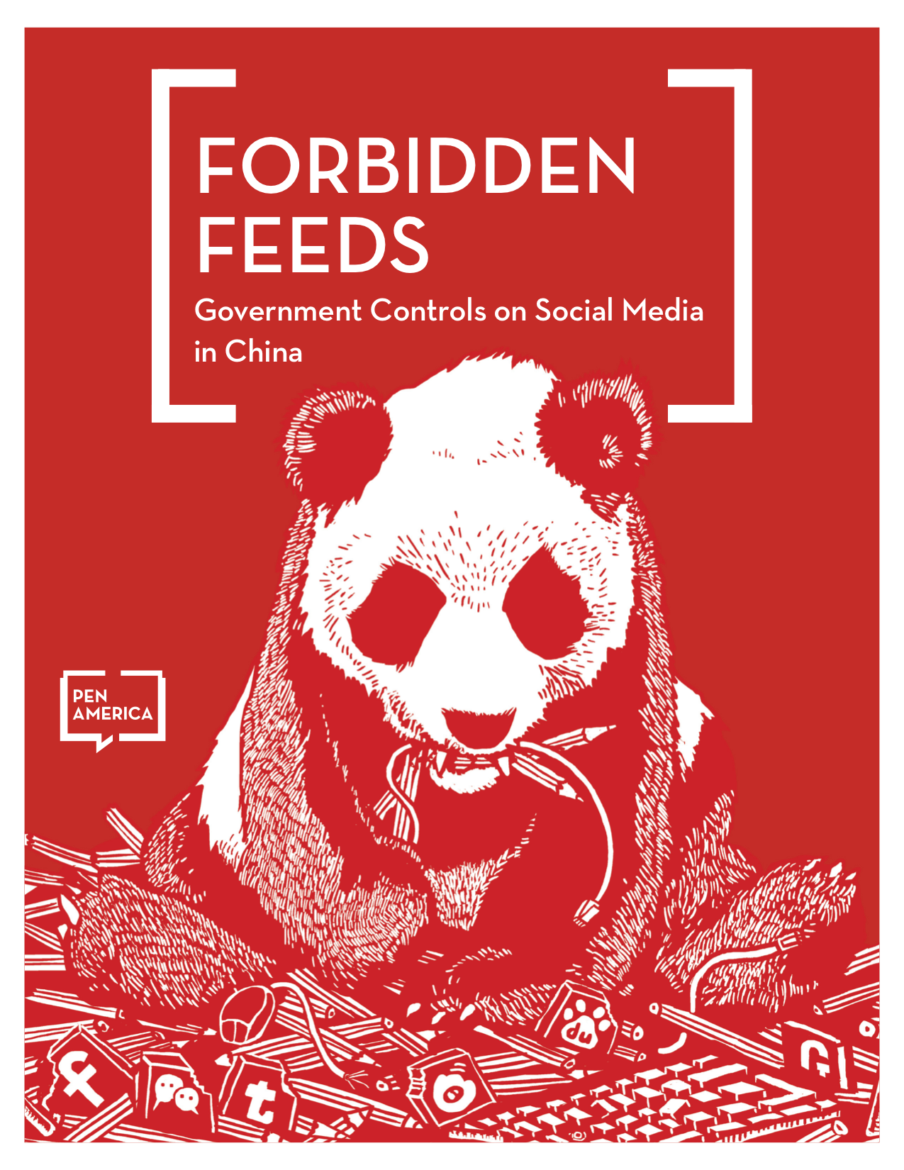 A red and white illustration of a panda chewing on computer cables, surrounded by broken social media icons. The text reads: FORBIDDEN FEEDS: Government Controls on Social Media in China with the PEN America logo.