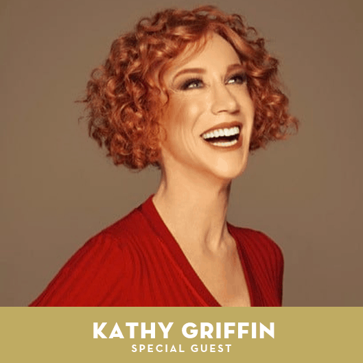 A woman with curly red hair and a wide smile wears a red top, looking upward. Text below reads: Kathy Griffin. Special Guest. The background is a plain, warm beige.