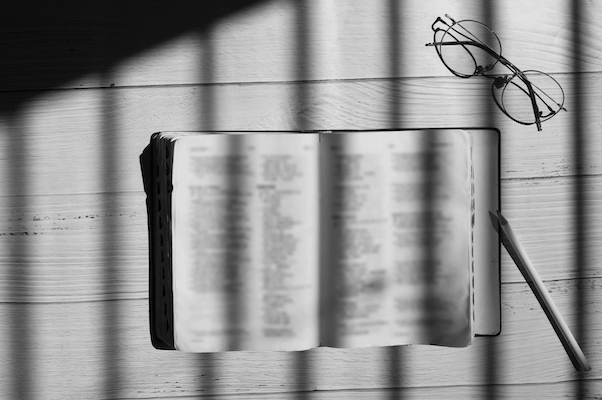 An open book, a pencil, and eyeglasses rest on a wooden surface, with shadows of bars cast across them, creating a dramatic, contemplative atmosphere.