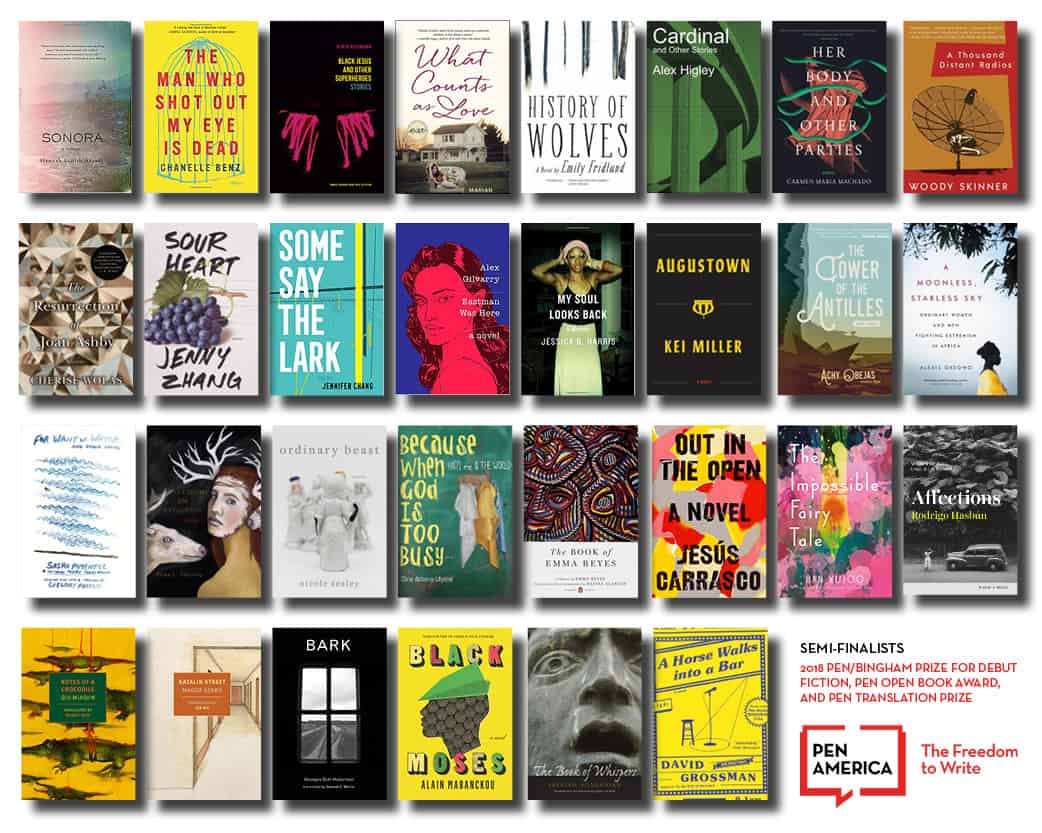 A selection of 24 colorful book covers arranged in four rows, showcasing the PEN America Literary Awards semi-finalists for debut fiction, open book, and translation prize. The PEN America logo appears in the bottom right corner.