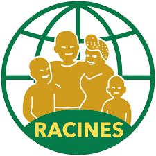 A gold illustration of a smiling family of four in front of a green globe outline. Below them is a green shape with the word RACINES in yellow capital letters.