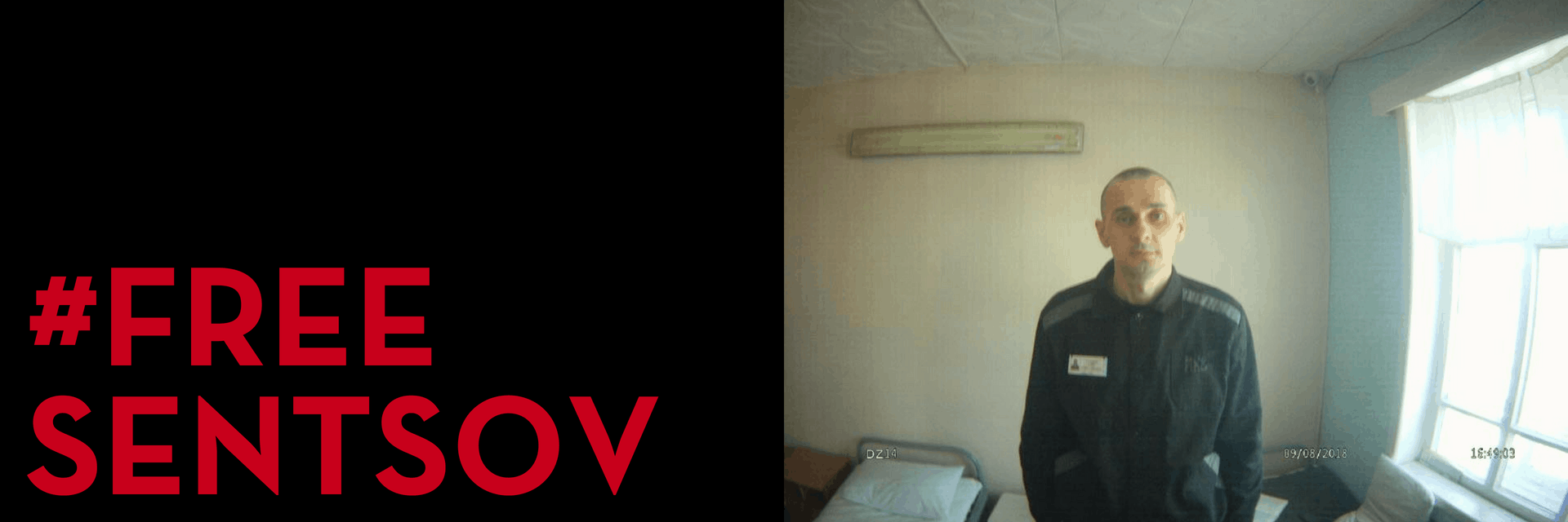 Split image: On the left, bold red text reads #FREE SENTSOV on black background. On the right, a man in a dark uniform stands in a sparsely furnished, sunlit room, looking at the camera.