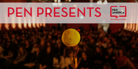 A gold microphone faces a blurred audience in a dimly lit room. Text above reads PEN PRESENTS with the PEN America logo and the tagline The Freedom to Write.