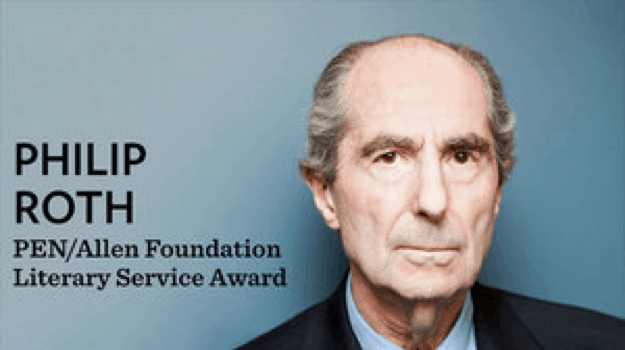A serious older man in a suit stands in front of a gray background. Text beside him reads: Philip Roth PEN/Allen Foundation Literary Service Award.