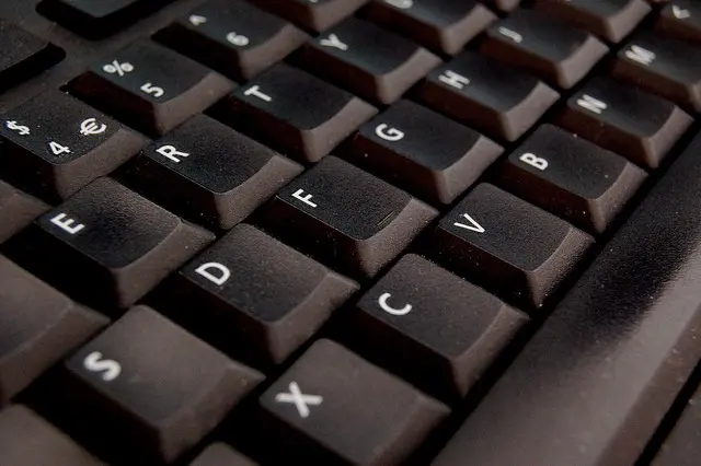 Close-up view of a black computer keyboard, focusing on the middle row of letter keys including S, D, F, G, C, V, and X, with some symbols visible on the top row.