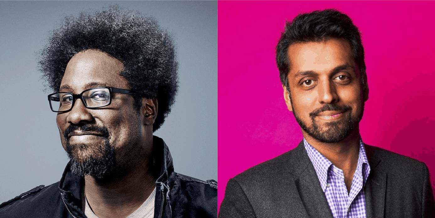A split image showing two men: on the left, a man with glasses, a beard, and afro hairstyle, smiling slightly with a gray background; on the right, a man with short dark hair and beard, wearing a suit, against a pink background.