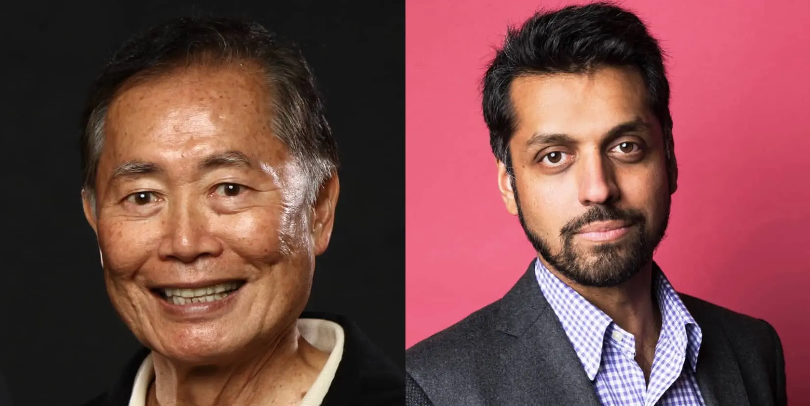 Two men pose for portraits side by side. The man on the left has short dark hair and wears a dark jacket, smiling against a black background. The man on the right has short dark hair, a beard, and wears a blazer against a pink background.