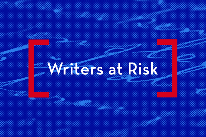 Text Writers at Risk appears in white on a blue, textured background with abstract patterns. The text is framed by two red brackets, one on each side.