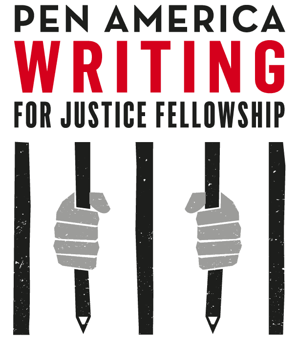 Illustration with the text PEN America Writing for Justice Fellowship. Two hands grip vertical bars, which are pencils resembling prison bars, symbolizing writing and incarceration.