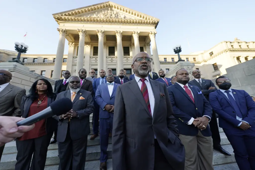 Members of the Mississippi House of Representatives speak to the press on March 3, 2022, after voting against SB 2113, the state's educational gag order. (AP Photo/Rogelio V. Solis)
