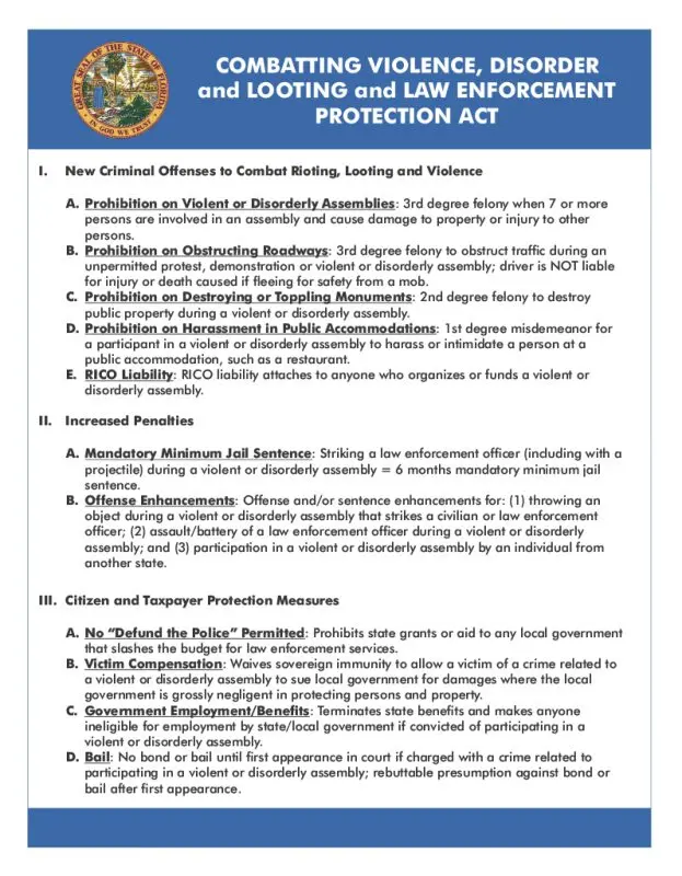 A description of the Combatting the Violence, Disorder and Looting and Law Enforcement Protection Act, distributed by Governor DeSantis’ office in September 2020.