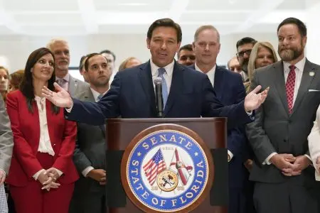 Florida Gov. Ron DeSantis speaks at the end of a legislative session on April 30, 2021, at the Capitol in Tallahassee, Fla.