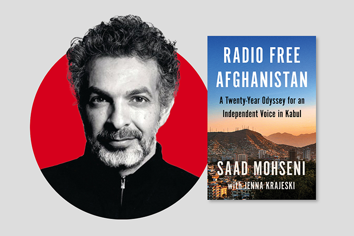 A man with curly hair and a beard stands on the left. To the right is Saad Mohsenis book, Radio Free Afghanistan: A Twenty-Year Odyssey for an Independent Voice in Kabul, co-authored with Jenna Krajeski, showcasing a cityscape at sunset.