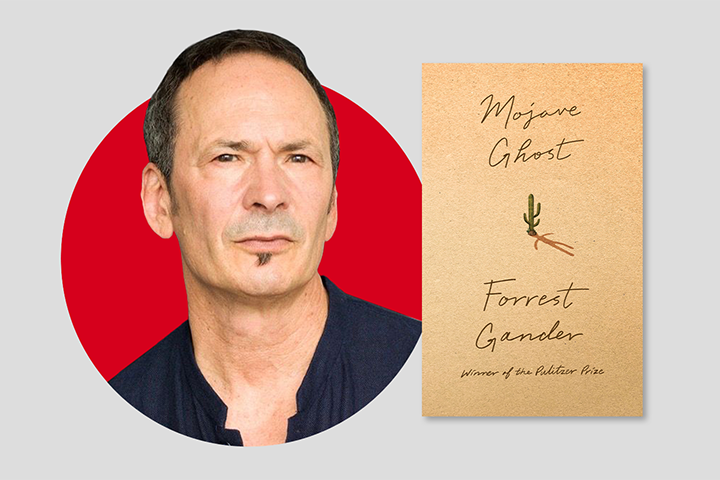 A man with short hair and a small goatee is pictured on the left, set against a red circular background. On the right is Forrest Ganders book titled Mojave Ghost, adorned with a small cactus illustration.