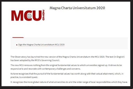 Screenshot of a webpage titled Magna Charta Universitatum 2020. It explains the new versions focus on fundamental values and responsibilities. A button labeled Sign the Magna Charta Universitatum MCU 2020 is visible.